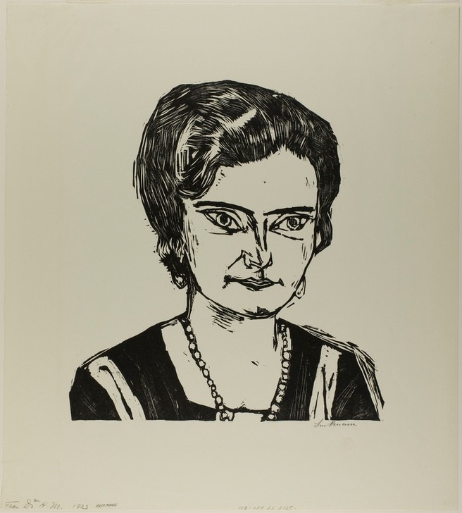Max Beckmann, Portrait of Frau H.M. (Naila), plate two from Die Kunst der Gegenwart (Klassische Moderne, Kreidezeichnung, Portrait, Gesicht, ernst, Frau, Dame, Expressionismus, Menschen,  Wunschgröße, Wohnzimmer, schwarz/weiß)