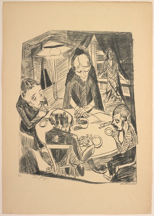 Max Beckmann, The Hunger, plate five from Die Hölle (Klassische Moderne, Kreidezeichnung, Familie, Hunger, Armut, darben, Expressionismus, Menschen, kantig, kubistisch, schonungslos, drastisch, Wunschgröße, Wohnzimmer, schwarz/weiß)