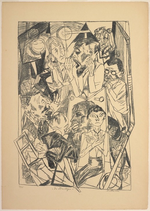 Max Beckmann, The Ideologues, plate six from Die Hölle (Klassische Moderne, Kreidezeichnung, Ideologen, Expressionismus, Menschen, kantig, kubistisch, schonungslos, drastisch, Wunschgröße, Wohnzimmer, schwarz/weiß)