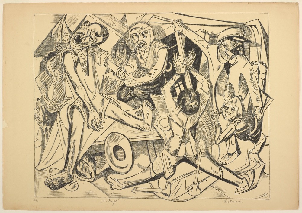Max Beckmann, The Night, plate seven from Die Hölle (Klassische Moderne, Kreidezeichnung, Straßenszene, Nacht, Gewalt, Expressionismus, Menschen, kantig, kubistisch, schonungslos, drastisch, Wunschgröße, Wohnzimmer, schwarz/weiß)