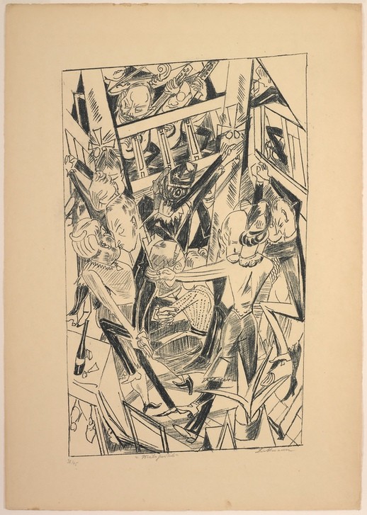 Max Beckmann, Malepartus, plate eight from Die Hölle (Klassische Moderne, Kreidezeichnung, Tanzlokal, Expressionismus, Menschen, kantig, kubistisch, schonungslos, drastisch, Wunschgröße, Wohnzimmer, schwarz/weiß)