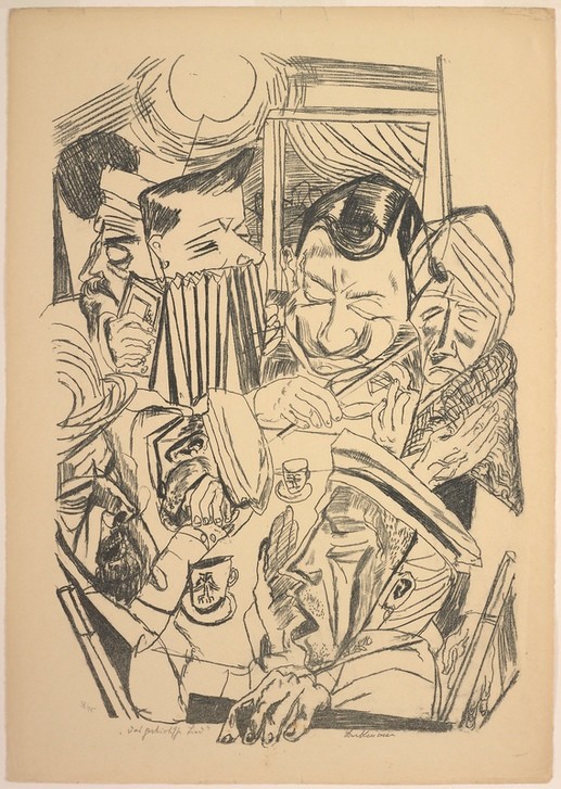 Max Beckmann, The Patriotic Song, plate nine from Die Hölle (Klassische Moderne, Kreidezeichnung, Kneipenszene, Expressionismus, Menschen, Resignation, Patriotenlied, kantig, kubistisch, schonungslos, drastisch, Wunschgröße, Wohnzimmer, schwarz/weiß)