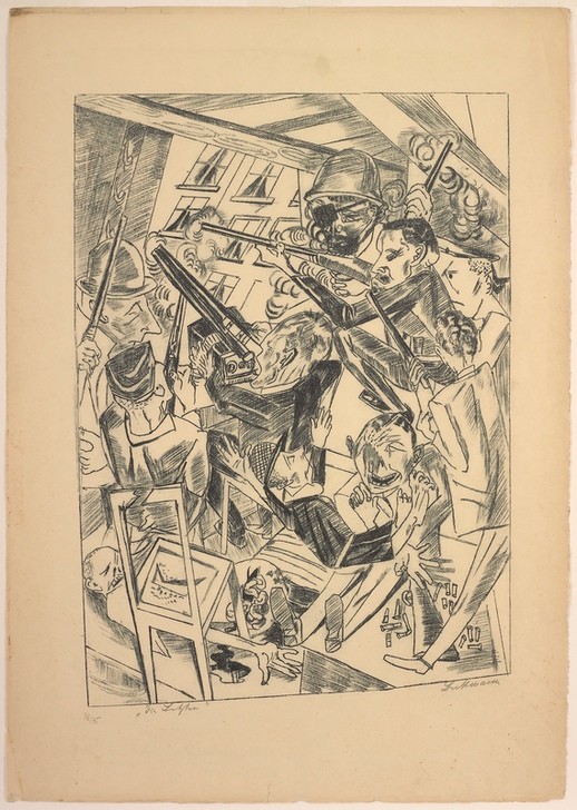 Max Beckmann, The Last Ones, plate ten from Die Hölle (Klassische Moderne, Kreidezeichnung, Krieg, Kampf, Gewehre, Expressionismus, Menschen, kantig, kubistisch, schonungslos, drastisch, Wunschgröße, Wohnzimmer, schwarz/weiß)