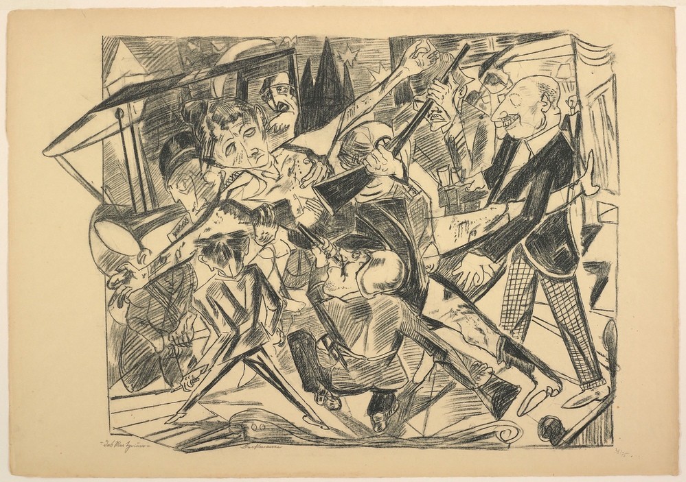 Max Beckmann, The Martyrdom, plate four from Die Hölle (Klassische Moderne, Kreidezeichnung, Straßenszene, Gewalt, Martyrium,  Expressionismus, Menschen, kantig, kubistisch, schonungslos, drastisch, Wunschgröße, Wohnzimmer, schwarz/weiß)