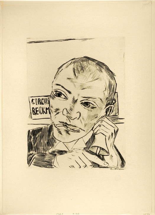Max Beckmann, The Barker (Self-Portrait), plate one from Jahrmarkt (Klassische Moderne, Kreidezeichnung, Jahrmarktzyklus, Ausrufer, Glocke, Selbstportrait, Expressionismus, Menschen, kantig, kubistisch, schonungslos, drastisch, Wunschgröße, Wohnzimmer, schwarz/weiß)