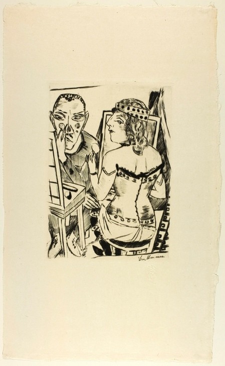 Max Beckmann, Dressing Room, plate two from Jahrmarkt (Klassische Moderne, Kreidezeichnung, Jahrmarktzyklus,Umkleidekabine, Artisten, Expressionismus, Menschen, kantig, kubistisch, schonungslos, drastisch, Wunschgröße, Wohnzimmer, schwarz/weiß)