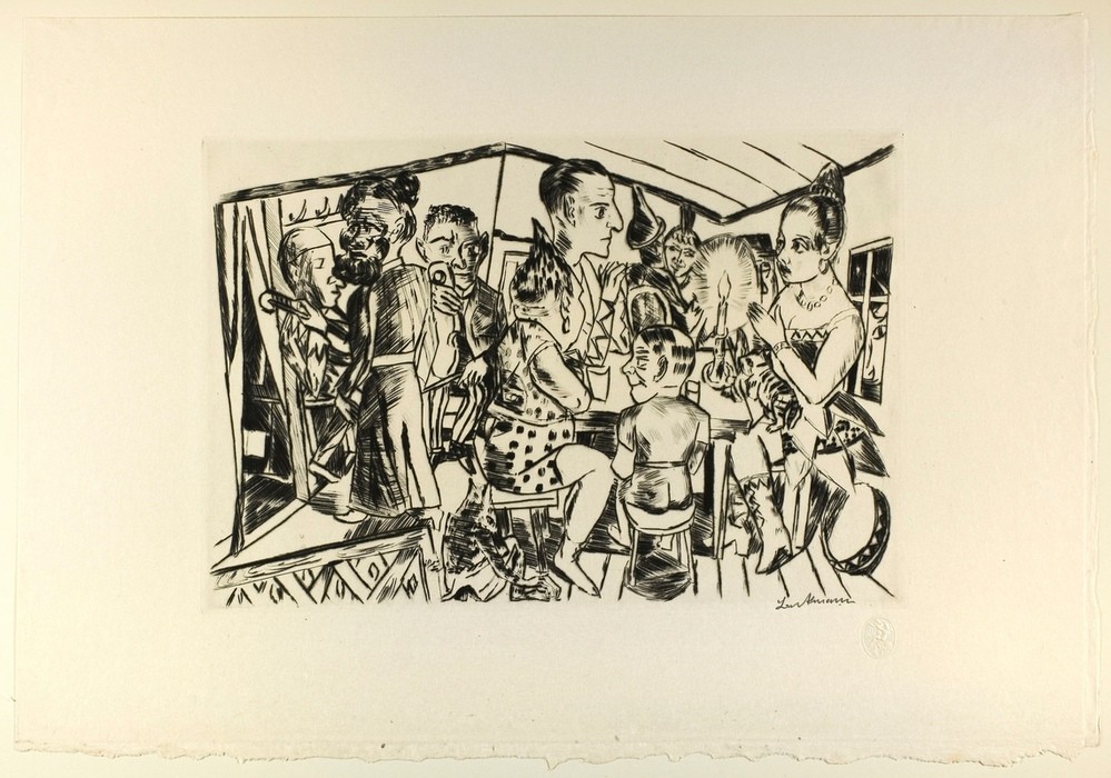 Max Beckmann, Behind the Scenes, plate three from Jahrmarkt (Klassische Moderne, Kreidezeichnung, Jahrmarktzyklus, hinter den Kulissen, Expressionismus, Menschen, kantig, kubistisch, schonungslos, drastisch, Wunschgröße, Wohnzimmer, schwarz/weiß)