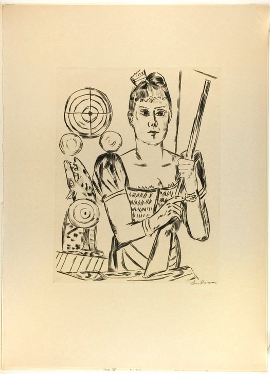 Max Beckmann, Shooting Gallery, plate four from Jahrmarkt (Klassische Moderne, Kreidezeichnung, Jahrmarktzyklus, Schießbude, Mädchen, Expressionismus, Menschen, kantig, kubistisch, schonungslos, drastisch, Wunschgröße, Wohnzimmer, schwarz/weiß)
