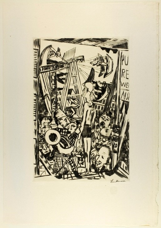 Max Beckmann, The Tall Man, plate five from Jahrmarkt (Klassische Moderne, Kreidezeichnung, Jahrmarktzyklus, Schiffschaukel, der dünne, große Mann, Zurschaustellung, Demütigung, Expressionismus, Menschen, kantig, kubistisch, schonungslos, drastisch, Wunschgröße, Wohnzimmer, schwarz/weiß)