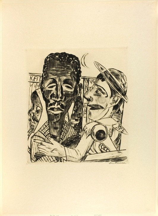 Max Beckmann, The Negro, plate six from Jahrmarkt (Klassische Moderne, Kreidezeichnung, Jahrmarktzyklus, der Schwarze, Demütigung, Zurschaustellung, Expressionismus, Menschen, kantig, kubistisch, schonungslos, drastisch, Wunschgröße, Wohnzimmer, schwarz/weiß)