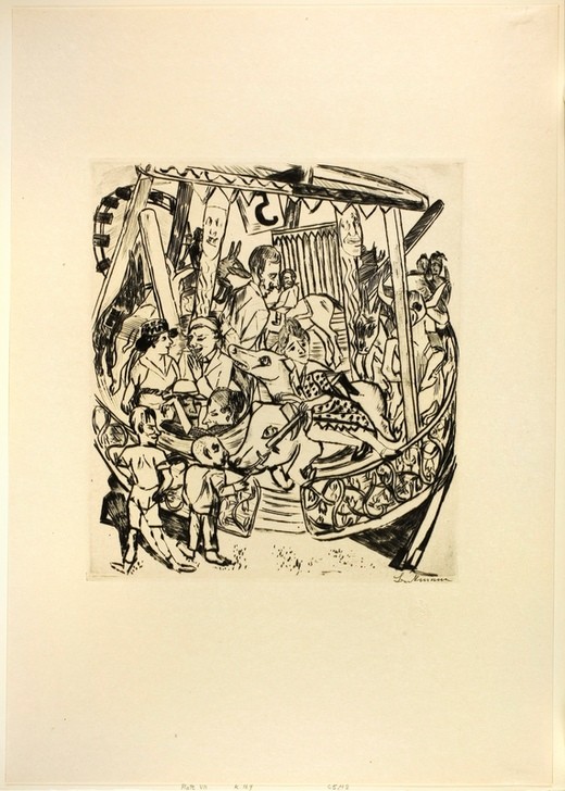 Max Beckmann, Merry-Go-Round, plate seven from Jahrmarkt (Klassische Moderne, Kreidezeichnung, Jahrmarktzyklus, Karussell, Spaß, Expressionismus, Menschen, kantig, kubistisch, schonungslos, drastisch, Wunschgröße, Wohnzimmer, schwarz/weiß)
