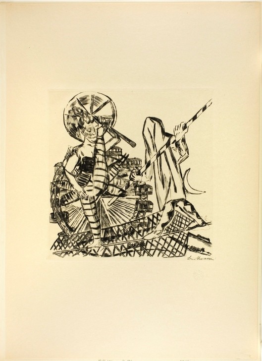 Max Beckmann, The Tight Rope Walkers, plate eight from Jahrmarkt (Klassische Moderne, Kreidezeichnung, Jahrmarktzyklus, Seiltänzer, Artist, Expressionismus, Menschen, kantig, kubistisch, schonungslos, drastisch, Wunschgröße, Wohnzimmer, schwarz/weiß)