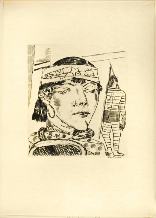 Max Beckmann, Snake Lade, plate ten from Jahrmarkt (Klassische Moderne, Kreidezeichnung, Jahrmarktzyklus, Schlangenfrau, Artistin, Expressionismus, Menschen, kantig, kubistisch, schonungslos, drastisch, Wunschgröße, Wohnzimmer, schwarz/weiß)