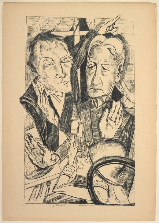 Max Beckmann, The Family, plate eleven from Die Hölle (Klassische Moderne, Kreidezeichnung, Familie, Kriegsspielzeug, Selbstportrait, Expressionismus, Menschen, kantig, kubistisch, schonungslos, drastisch, Wunschgröße, Wohnzimmer, schwarz/weiß)