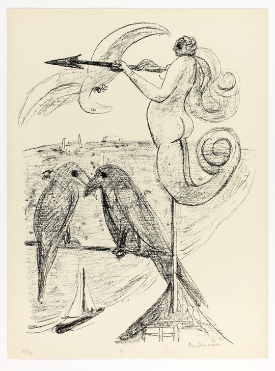 Max Beckmann, Weather-Vane, plate two from Day and Dream (Klassische Moderne, Kreidezeichnung, Tag und Traum Zyklus, Expressionismus, Menschen, kantig, kubistisch, schonungslos, Wunschgröße, Wohnzimmer, schwarz/weiß)
