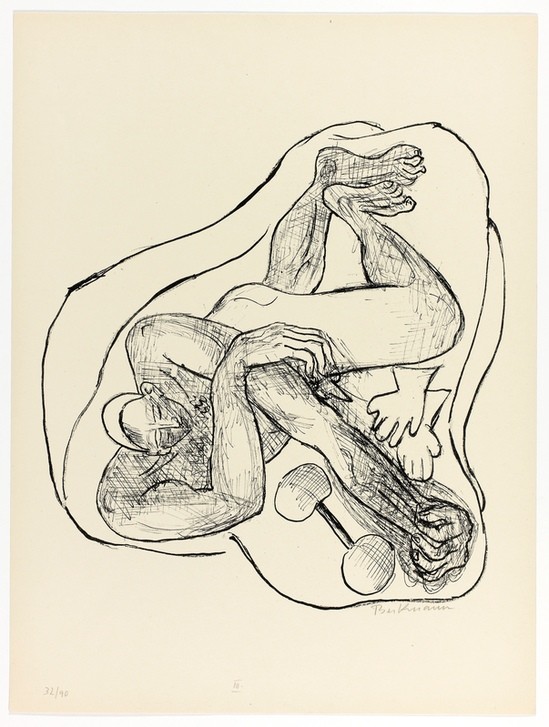Max Beckmann, Sleeping Athlete, plate three from Day and Dream (Mann, Schlafender, Sportler, Grafik, Expressionismus, Klassische Moderne, Wunschgröße, Wohnzimmer, Treppenhaus, schwarz/weiß)