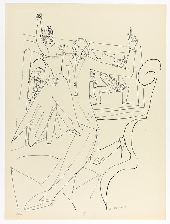 Max Beckmann, Tango, plate four from Day and Dream (Klassische Moderne, Kreidezeichnung, Tag und Traum Zyklus, Expressionismus, Menschen, kantig, kubistisch, schonungslos, Wunschgröße, Wohnzimmer, schwarz/weiß)