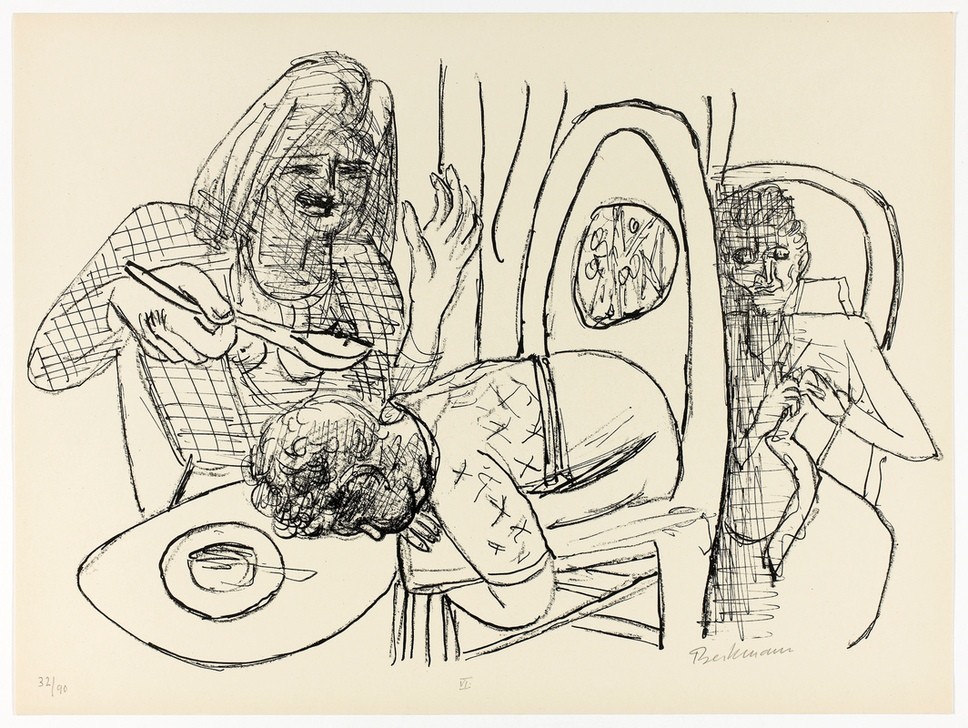 Max Beckmann, I Don't Want to Eat My Soup, plate six from Day and Dream (Klassische Moderne, Kreidezeichnung, Tag und Traum Zyklus, Expressionismus, Menschen, kantig, kubistisch, schonungslos, Wunschgröße, Wohnzimmer, schwarz/weiß)
