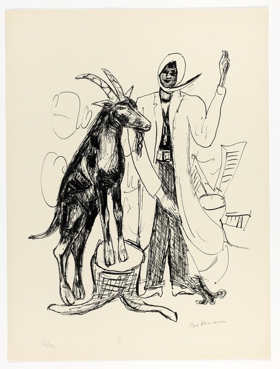 Max Beckmann, The Buck, plate nine from Day and Dream (Klassische Moderne, Kreidezeichnung, Tag und Traum Zyklus, Expressionismus, Menschen, kantig, kubistisch, schonungslos, Wunschgröße, Wohnzimmer, schwarz/weiß)