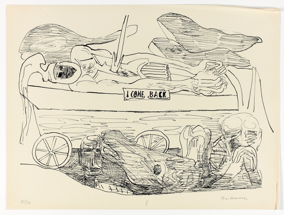 Max Beckmann, Dream of War, plate 10 from Day and Dream (Klassische Moderne, Kreidezeichnung, Tag und Traum Zyklus, Expressionismus, Menschen, kantig, kubistisch, schonungslos, Wunschgröße, Wohnzimmer, schwarz/weiß)