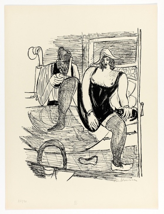 Max Beckmann, Morning, plate 11 from Day and Dream (Klassische Moderne, Kreidezeichnung, Tag und Traum Zyklus, Expressionismus, Menschen, kantig, kubistisch, schonungslos, Wunschgröße, Wohnzimmer, schwarz/weiß)