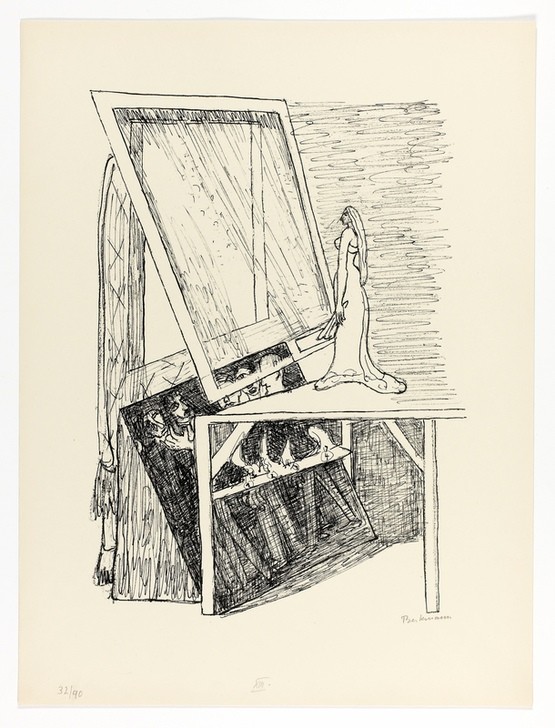 Max Beckmann, Magic Mirror, plate 13 from Day and Dream (Klassische Moderne, Kreidezeichnung, Tag und Traum Zyklus, Expressionismus, Menschen, kantig, kubistisch, schonungslos, Wunschgröße, Wohnzimmer, schwarz/weiß)