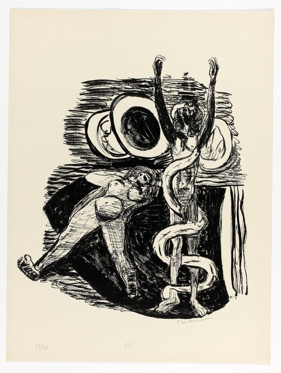 Max Beckmann, The Fall of Man, plate 14 from Day and Dream (Klassische Moderne, Kreidezeichnung, Tag und Traum Zyklus, Expressionismus, Menschen, kantig, kubistisch, schonungslos, Wunschgröße, Wohnzimmer, schwarz/weiß)