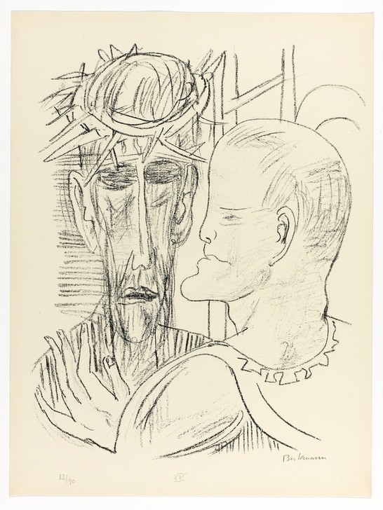 Max Beckmann, Christ and Pilate, plate 15 from Day and Dream (Klassische Moderne, Kreidezeichnung, Tag und Traum Zyklus, Expressionismus, Menschen, kantig, kubistisch, schonungslos, Wunschgröße, Wohnzimmer, schwarz/weiß)