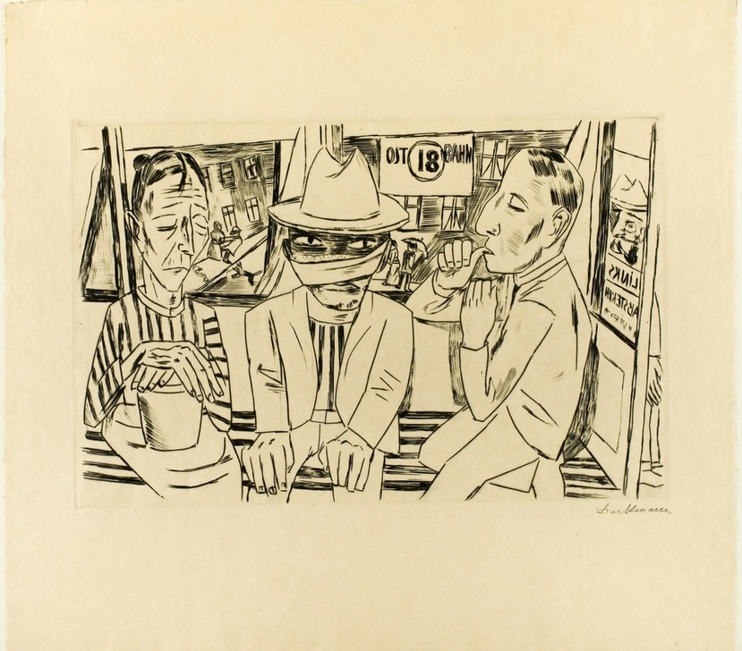Max Beckmann, In the Tram (Klassische Moderne, Kreidezeichnung, in der Bahn, Expressionismus, Menschen, kantig, kubistisch, schonungslos, Wunschgröße, Wohnzimmer, schwarz/weiß)