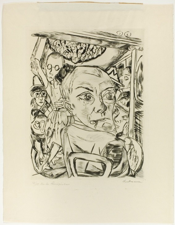 Max Beckmann, Königin Bar (Self-Portrait) (Klassische Moderne, Kreidezeichnung, Selbstportrait, Expressionismus, Menschen, kantig, kubistisch, schonungslos, Wunschgröße, Wohnzimmer, schwarz/weiß)