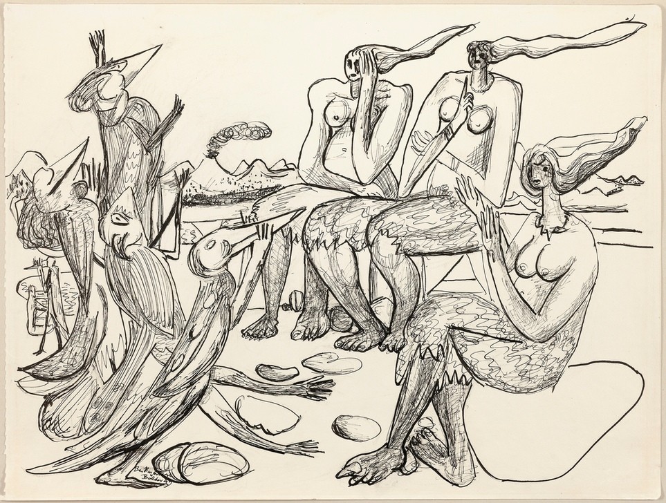 Max Beckmann, Birdplay (Frauen, Vögel, Mischwesen, Fantasie, surreal, Grafik, Expressionismus, Klassische Moderne, Wunschgröße, Wohnzimmer, Treppenhaus, schwarz/weiß)