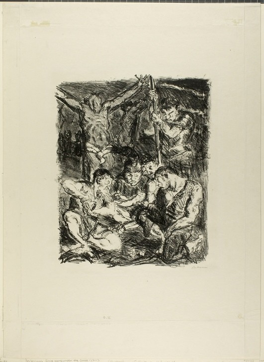 Max Beckmann, Throwing Dice Before the Cross, plate six from Sechs Lithographien zum Neuen Testament (Klassische Moderne, Kreidezeichnung, Neues Testament Zyklus, Würfel werfen, Expressionismus, Menschen, kantig, kubistisch, schonungslos, Wunschgröße, Wohnzimmer, schwarz/weiß)