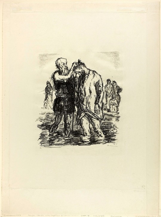 Max Beckmann, Baptism of Christ (Klassische Moderne, Kreidezeichnung, Taufe Christi, Johannes der Täufer, Expressionismus, Menschen, kantig, kubistisch, schonungslos, Wunschgröße, Wohnzimmer, schwarz/weiß)