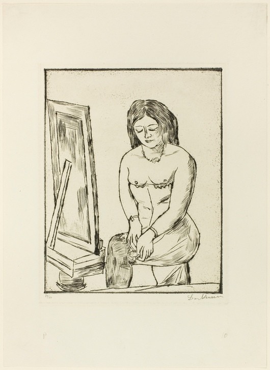 Max Beckmann, Toilette (Before the Mirror) (Klassische Moderne, Kreidezeichnung, Frau vor Spiegel, Morgentoilette, Expressionismus, Menschen,  Wunschgröße, Wohnzimmer, schwarz/weiß)