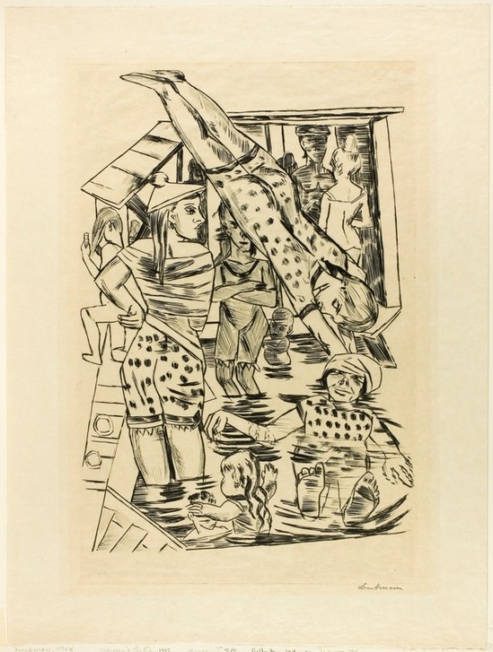 Max Beckmann, Woman's Bath (Klassische Moderne, Kreidezeichnung, Frauenbad, Schwimmbad, Expressionismus, Menschen, kantig, kubistisch,  Wunschgröße, Wohnzimmer, schwarz/weiß)