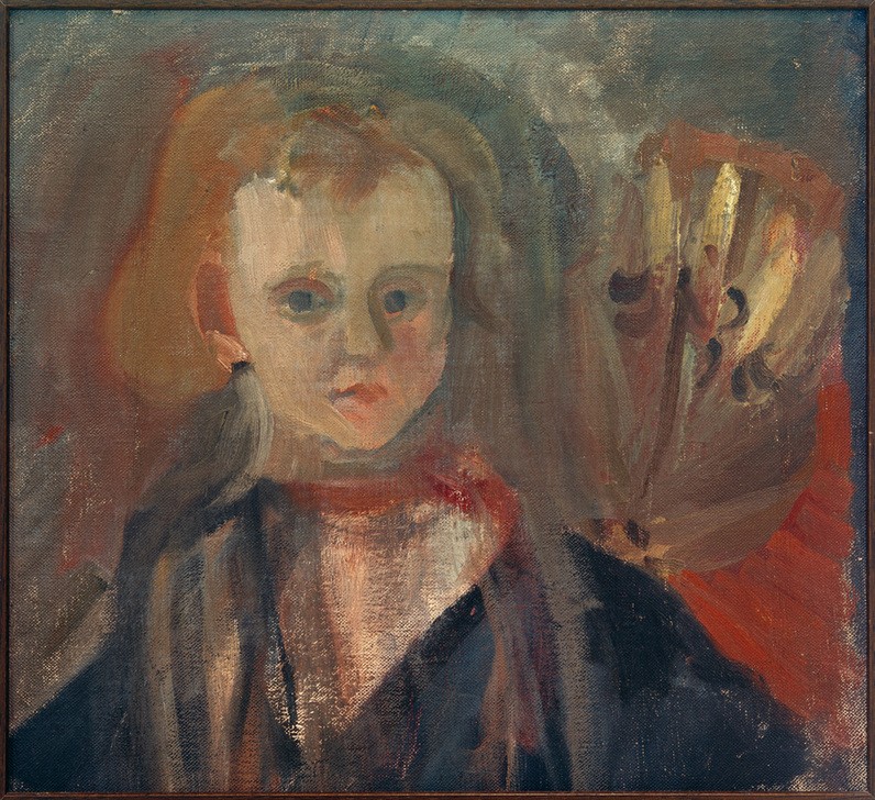 Josef Alfons Wirth, Kinderbildnis mit Blüte (Deutsche Kunst,Kind,Kunst,Mensch,Portrait,Melancholie,Traurigkeit,Blonde Haare,Blume,Blüte,Kinderbildnis,Gefühl (Stimmung),Blick Aus Dem Bild,Brustbild,Halbprofil,Negative Stimmungen Und Gefühle,Pflanze)