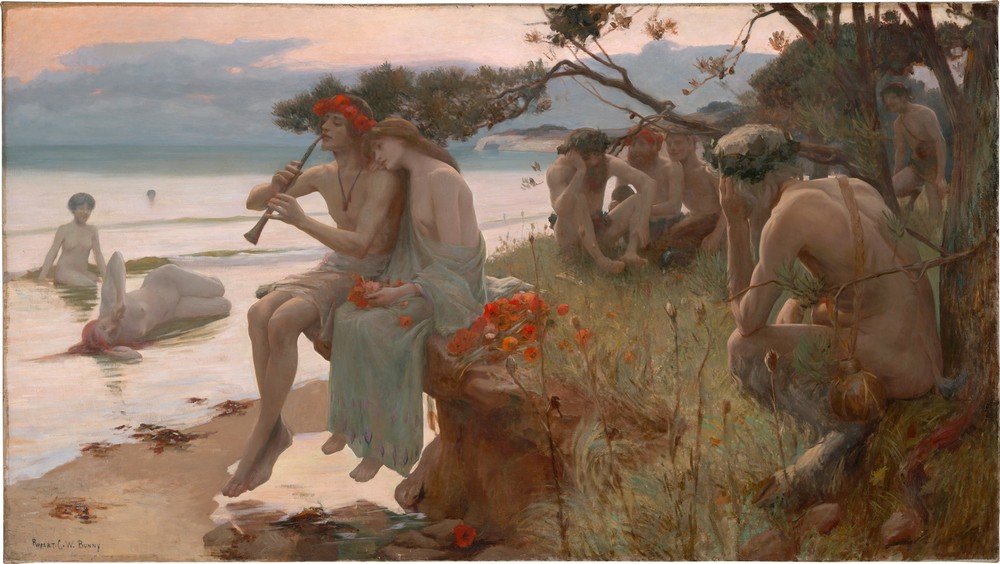 Rupert Bunny, Pastoral (Australische Kunst,Körperpflege,Bad Im Freien,Frau,Küste,Kunst,Landschaft,Liebespaar,Mann,Musik,Mythologie,Schalmei,Schwimmen,Strand,Meer,Nymphe,Mohn,Symbolismus,Akt,Faun,Idylle,Nacktheit,Paar,Müssiggang,Ufer,Dämmerung,Zuhören,Junge Frau,Griechisch-Römisc)