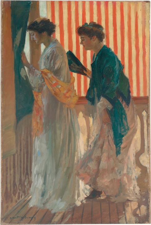 Rupert Bunny, Qui vient? (Australische Kunst,Balkon,Fächer,Fenster,Frau,Kunst,Impressionismus,Neugier,Beobachten,Blick Aus Dem Fenster,Warten,Veranda,Frauenleben,Jahrhundertwende,Junge Frau,Markise,Doppelportrait,Rendez-Vous,Signatur,Geländer)