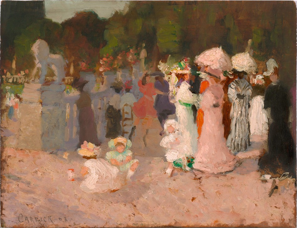 Ethel Carrick, Pariser Parkszene (Menschen, Gruppe, Ausflug, Freizeit, Spaziergang, Park, Sommer, Mode, Gesellschaft, Klassische Moderne, Post-Imressionismus, Wunschgröße, Wohnzimmer)