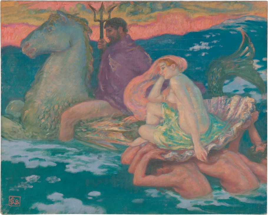 Rupert Bunny, Poseidon and Amphitrite (Australische Kunst,Kunst,Mythologie,Symbolismus,Triumphzug,Muschel,Götterliebschaften,Triumph,Götter,Göttin,Tragen,Hippokamp,Dreizack,Gott,Griechisch-Römische Mythologie)