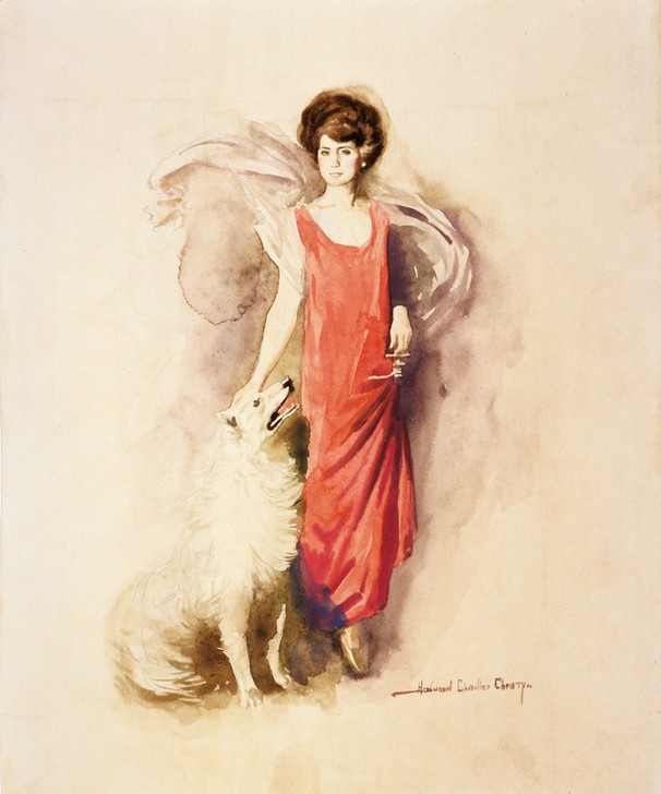 Howard Chandler Christy, Grace Coolidge (First lady, Präsidenten-Gattin, USA, Amerika, Ehefrau, Persönlichkeiten, Ganzkörper-Portrait, Politik, rotes Kleid, Umhang, Hund, Collie,  Studie, Wunschgröße)