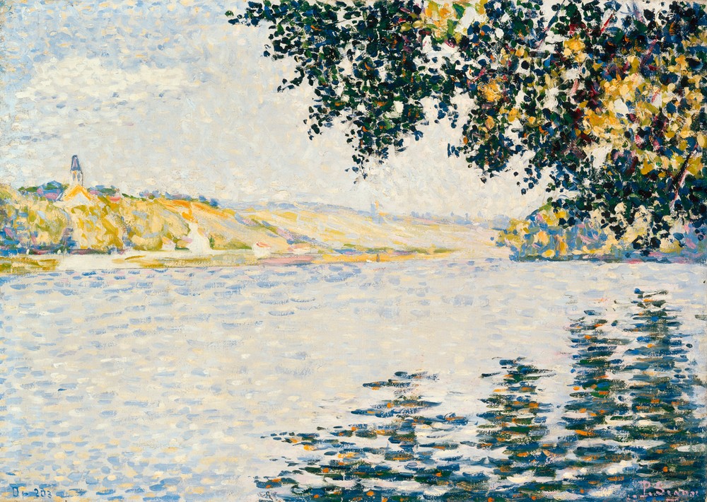 Paul Signac, La Seine à Herblay (Kunst,Landschaft,Wasser,Fluss,Spiegelung,Pointillismus,Baum,Französische Kunst,Ufer,Laubbaum)