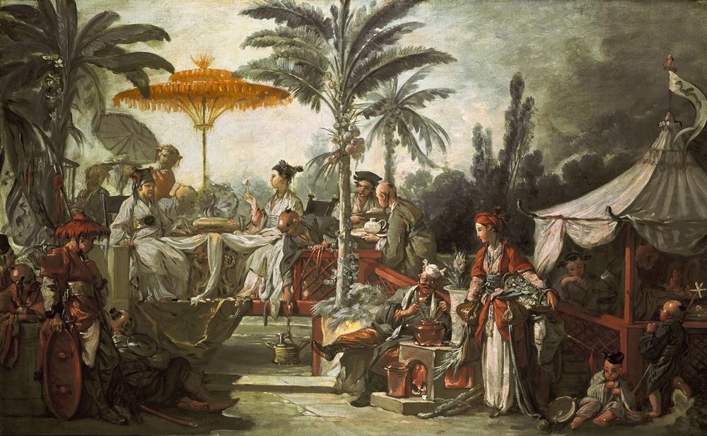 Francois Boucher, Chinoiserie: Festin de l’empereur (Feste,Garten Und Park,Hoffeste,Kaiser,Menschen Im Park,Park,Völkerkunde,Zelt,Rokoko,Höfische Gesellschaft,Kochen,Sonnenschirm,Chinoiserie,Französische Kunst,Im Freien (Allgemein),Diener,Exotik,Chinesischer Garten,Ofenbank,Kochstelle,Essen Im Freien)