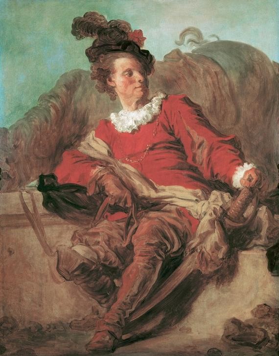 Jean-Honoré Fragonard, Der Abbé von Saint-Non in spanischer Kleidung (Künstler, Mann, Tracht, Hut, Federhut, Pferd, Reiter, Portrait, Treppenhaus, Wohnzimmer, Rokoko, Klassiker, Wunschgröße, Malerei, bunt)