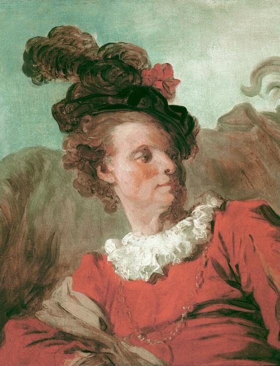 Jean-Honoré Fragonard, Der Abbé von Saint-Non in spanischer Kleidung (Künstler, Mann, Tracht, Hut, Federhut, Portrait, Detail, Treppenhaus, Wohnzimmer, Rokoko, Klassiker, Wunschgröße, Malerei, bunt)