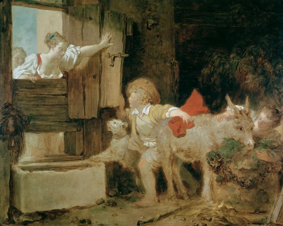 Jean-Honoré Fragonard, Der Eselstall (Dorfkind,Kind,Mädchen,Mutter Und Kind,Zoologie,Rokoko,Esel,Stall,Kind Und Tier,Französische Kunst,Fütterung,Idylle,Knabe,Landleben,Landbevölkerung,Dorfleben,Landwirtschaft)