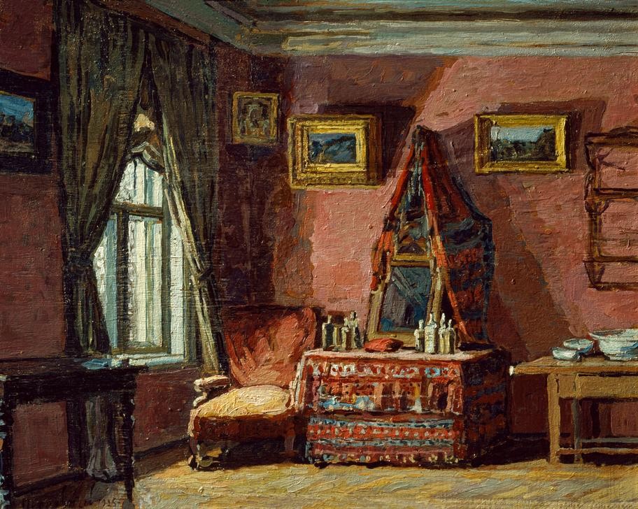 Pjotr Iwanowitsch Petrowitschew , Das Schlafzimmer im Haus des Komponisten Pjotr I. Tschaikow (Haus,Kommode,Kunst,Landhaus,Schlafzimmer,Sowjetische Kunst,Wohnhaus (Allgemein),Wohnung,Wohnhaus Von Berühmten,Interieur,Russische Kunst,Architekturdarstellung,Innenansicht,Toilettentisch)