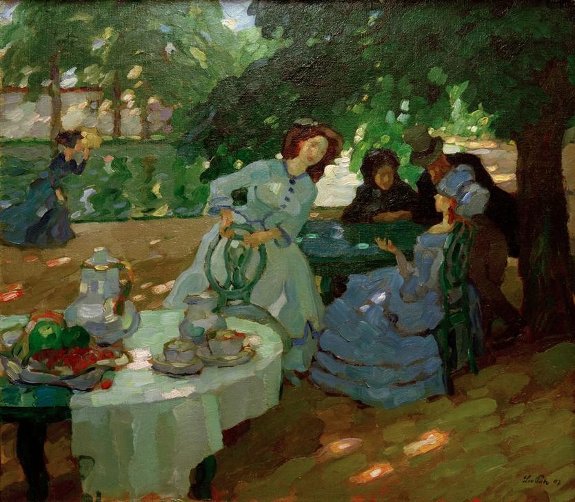 Leo Putz, Frühstück im Freien  (Mensch und Gesellschaft,  Wunschgröße, Impressionismus, Klassische Moderne, Wohnzimmer,)