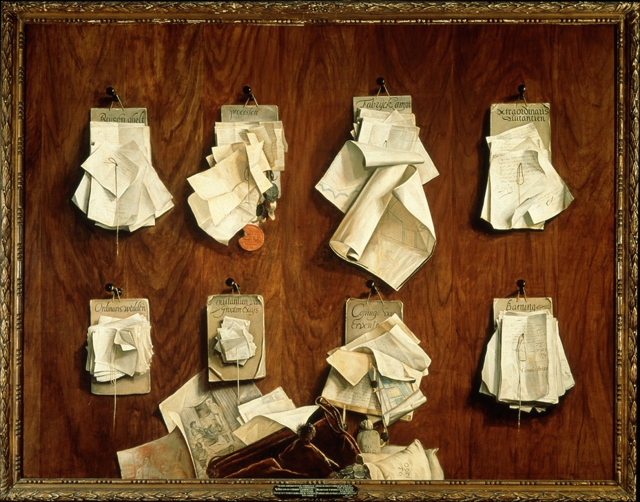 cornelis brize, Quodlibet mit Schriftstücken des Schatzamtes der Stadt Amsterdam (Finanzwesen,Kunst,Barock,Trompe L'oeil,Niederländische Kunst,Verwaltung,Holländische Kunst,Dokument,Zettel (Papier),Pinnwand,Quodlibet,Schriftstück,Büro)
