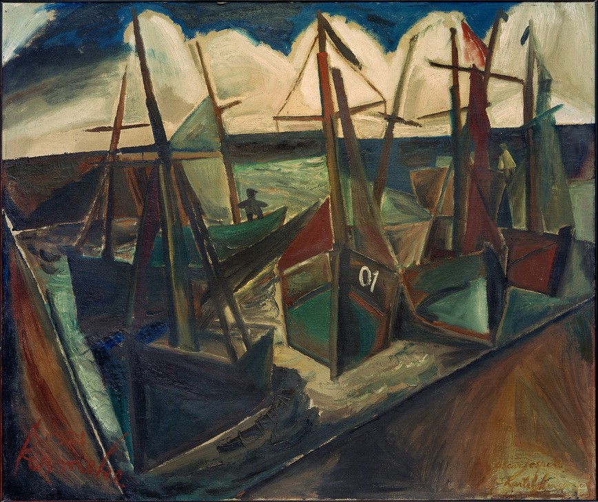 Constant Permeke, Hafen von Ostende (HAFEN, Schiffe, Segel,  FISCHERBOOT, MARINEMALEREI, maritim, FISCHEREIHAFEN, Expressionismus, Wunschgröße, Klassische Moderne, Wohnzimmer)